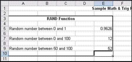 FIGURE 1-33 Math & Trig worksheet To test the random number generation, you can recalculate the worksheet formulas using the F9 key, the shortcut key used to recalculate worksheet formulas.