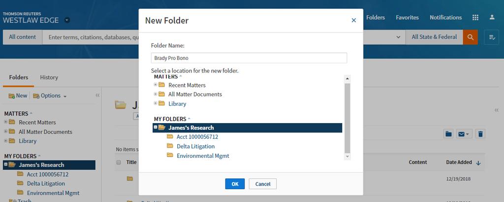 CREATING A NEW FOLDER On the Folders page, click New to display the New Folder window. Enter a name for the new folder in the Folder Name field, select a location for the folder, and click OK.