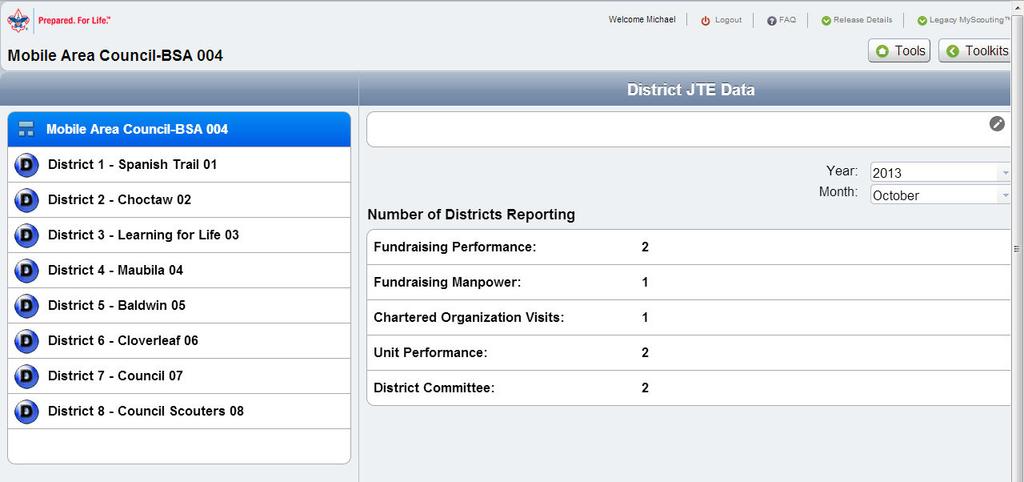Page 4 Once the Tool has been selected, it will load and the summary page for your council will be displayed. From here, you will be navigating to your districts to enter your data.
