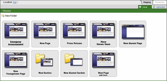 New Content or Directory New files and directories can easily be created in one location with the press of a button. New Content To create new content, begin at Content > Pages.