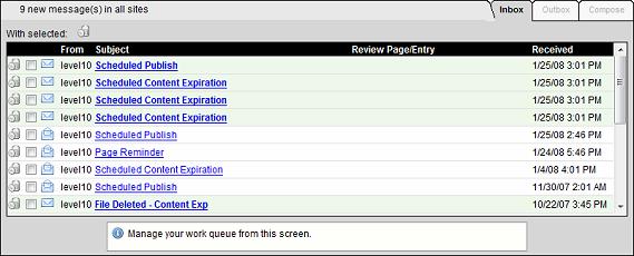 Outbox Pages a user has submitted to other users are listed and tracked in the outbox. To access the outbox, click on the Outbox tab.
