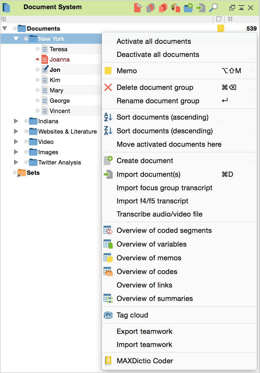 Context menu for the middle (document group) level in the Document System The following options are available in the context menu of a document group: Activate all documents activates
