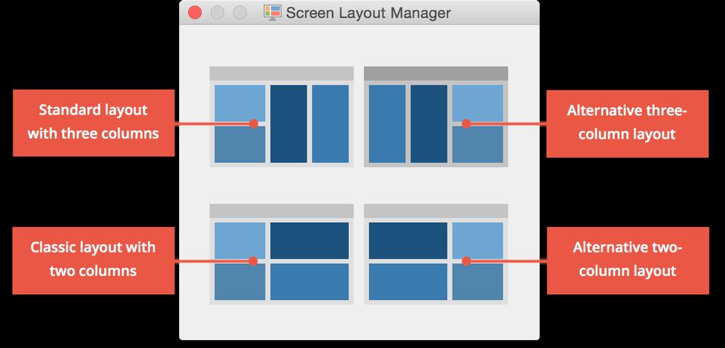 The Screen-Layout-Manager Top left: The new default layout in three columns for wide screens. The Document Browser is found in the middle and Retrieved Segments in the third column on the far right.