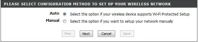Select how you would like to configure your wireless security settings: Auto - Allows the router to auto-generate Wireless