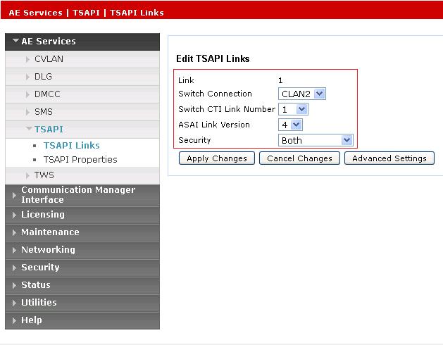 6.2. Administer TSAPI Link From the Management console, navigate to AE Services TSAPI TSAPI Links. The TSAPI Links page is displayed in the right (screen not shown), click Add Link.