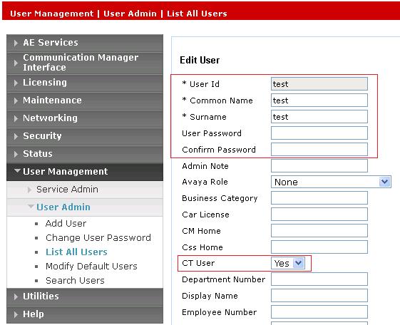 6.4. Administer CTI User From the Management Console, navigate to User Management User Admin Add User. The Add User page is displayed on the right (not shown). Enter desired values for User Id, e.g. test, Common Name, Surname, User Password, and Confirm Password.
