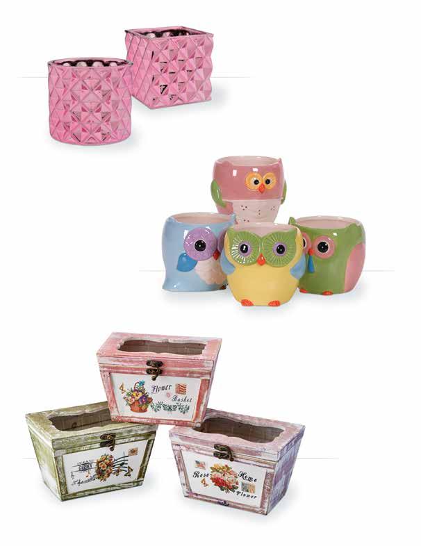 93011 Metallic Pink Ceramic Cube 4 opening x 4 tall 12/$3.49 ea. 94201 Metallic Pink Ceramic Container 5 opening x 4.75 tall 12/$3.99 ea. 7482 Four Assorted Ceramic Owl Pottery 4.