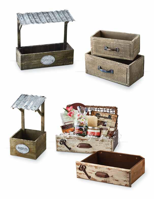 32336 Rectangular Wood Container with Metal Roof 13 x 4.75 x 3.75 Overall Height: 13.75 4/$7.99 ea. 35940 Set/2 Wooden Drawer Large: 10.5 x 5.5 x 4.5 Small: 8.75 x 4.75 x 3.75 6/$8.