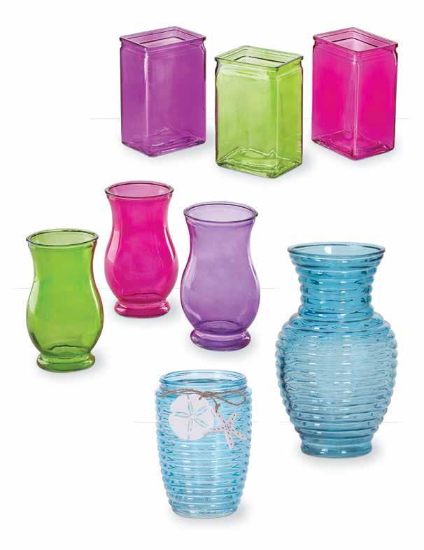 GR346-CITRUS Rectangular Glass Vases Three assorted colors 3 x 4 x 6 12/$2.59 ea. GV42-CITRUS Regency Glass Vases Three assorted colors 3.25 opening x 7 tall 12/$1.99 ea.