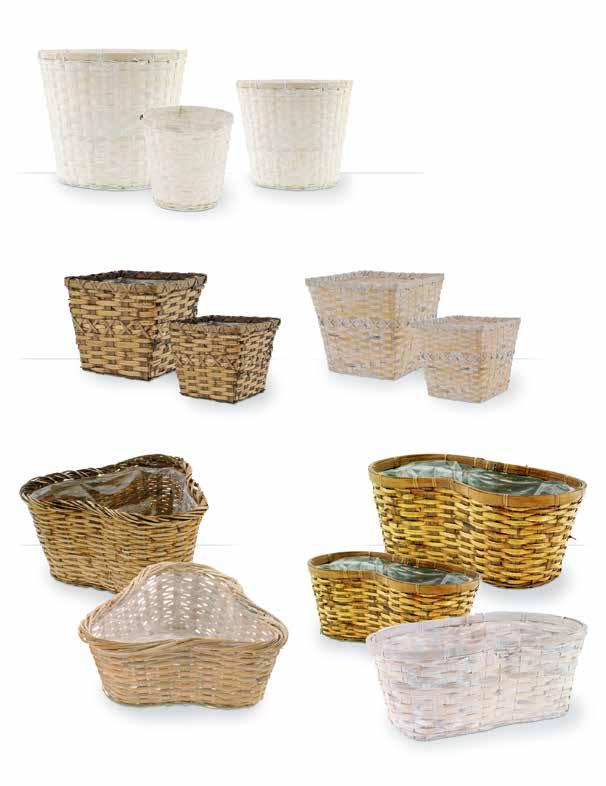 White Wash Bamboo Planters Includes Sewn-In Liners 3206-WW Fits 6 pot 24/$1.89 ea. 3208-WW Fits 8 pot 12/$2.69 ea. 3210-WW Fits 10 pot 6/$3.69 ea. Faux Rattan Square Planters Includes Sewn-In Liners 2976-ST Fits 6 pot 12/$2.