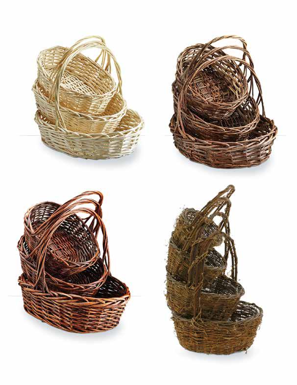 Set/3 Oval Willow Baskets Large: 17 x 15 x 6 Small: 13 x 10 x 4.5 Includes Hard Plastic Liners 1005/3-NAT 4/$18.99 set 1005/3-UP 4/$18.99 set 30033 Set/4 Round Willow Twiggy Vine Basket Large: 12.