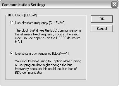 indart-hcs08 User's Manual The value of the CLKSW can be changed in the Communication Settings dialog box.