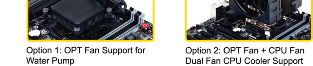 GIGABYTE 9 Series motherboards feature OPT fan support, an additional CPU fan pin header that can be used to connect a