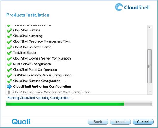 Complete Installation After completing the installation of the CloudShell Authoring component, the installation wizard pauses. The CloudShell Authoring Configuration Wizard opens.