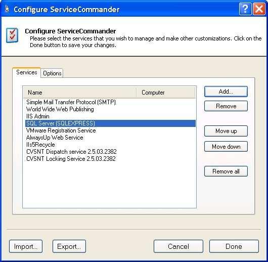 4.2. Configuring ServiceCommander Selecting the Configure menu entry will summon the Configuration window. It has two tabs Services and Options. The Services tab will always be shown.