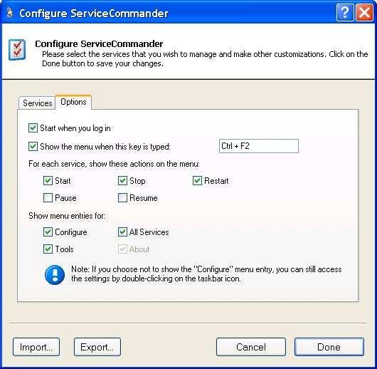 Once the services have been loaded, check the ones of interest and click on the OK button. You will be returned to the Configure ServiceCommander window with those services added to your list. 4.2.