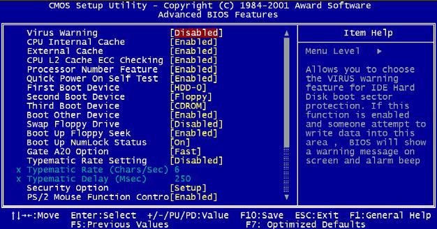 4.2.3 Advanced BIOS Features setup By choosing the Advanced BIOS Features Setup option from the Initial Setup Screen menu, the screen below is displayed.