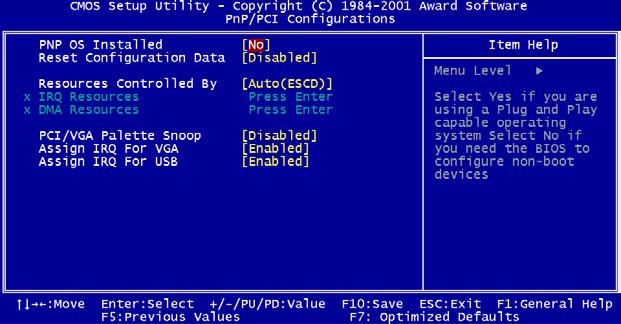 4.2.7 PnP/PCI Configurations By choosing the PnP/PCI Configurations option from the Initial Setup Screen menu, the