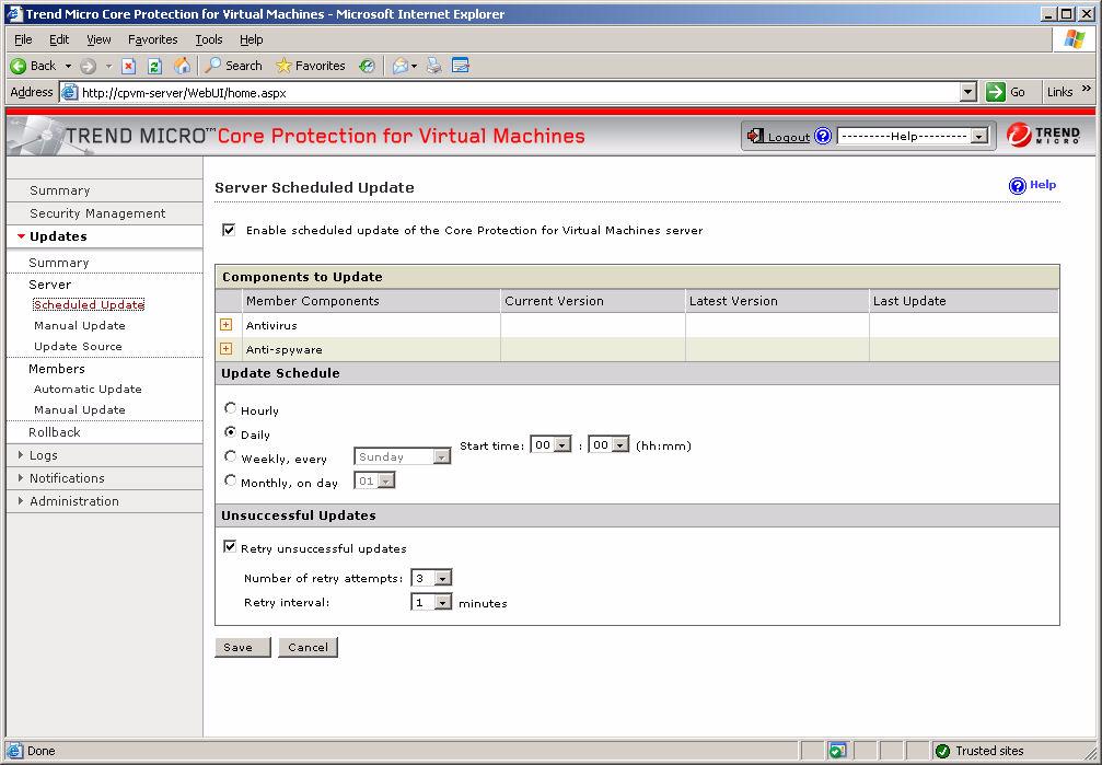 Trend Micro Core Protection for Virtual Machines Administrator s Guide Configuring Scheduled Server Updates Configure the Core Protection for Virtual Machines server to regularly check its update