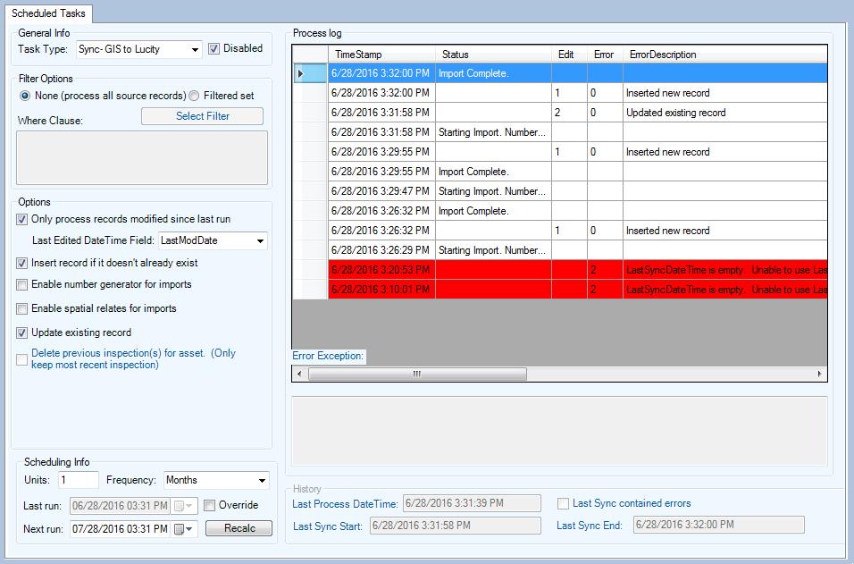 Scheduled Tasks Scheduled Tasks are designed t push data back and frth between Lucity and the gedatabase. There are tw types f synchrnizatins the tasks can be cnfigured t perfrm: 1.