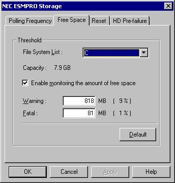 18 Using the NEC ESMPRO Agent From Free Space tab you can change threshold of free block monitoring. File System List Select a file system to change threshold and/or monitoring mode.