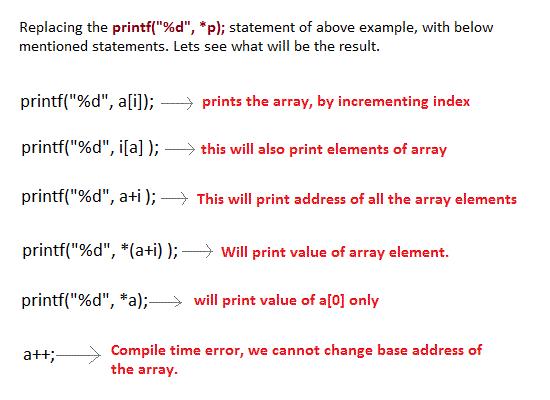 The pointer *ptr will print all the values stored in the array one by one. We can also use the Base address (a in above case) to act as pointer and print all the values of address.