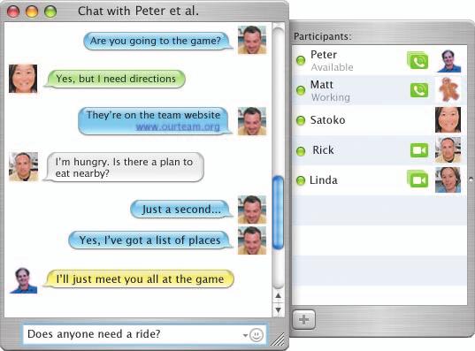Instant messaging You can use ichat instant messaging to chat with one person or many. While you re chatting, you can send web links, files, and photos by simply dragging them into the chat.