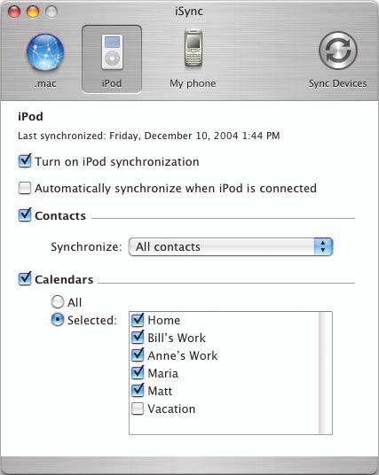 Syncing your ipod isync lets you select how you want to synchronize your contacts and calendars on your ipod.