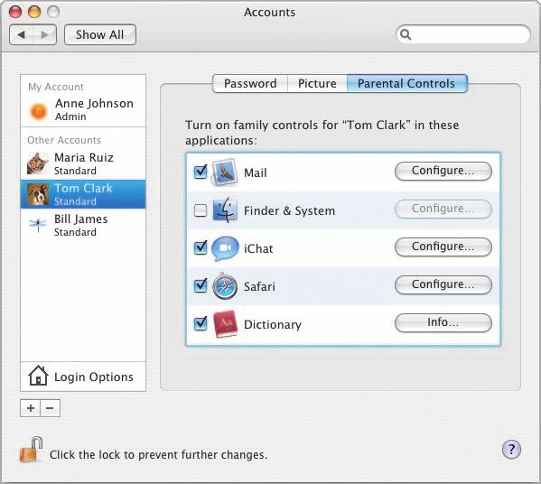 Controlling applications You can select the applications you want to control, such as Mail, ichat, or Safari.