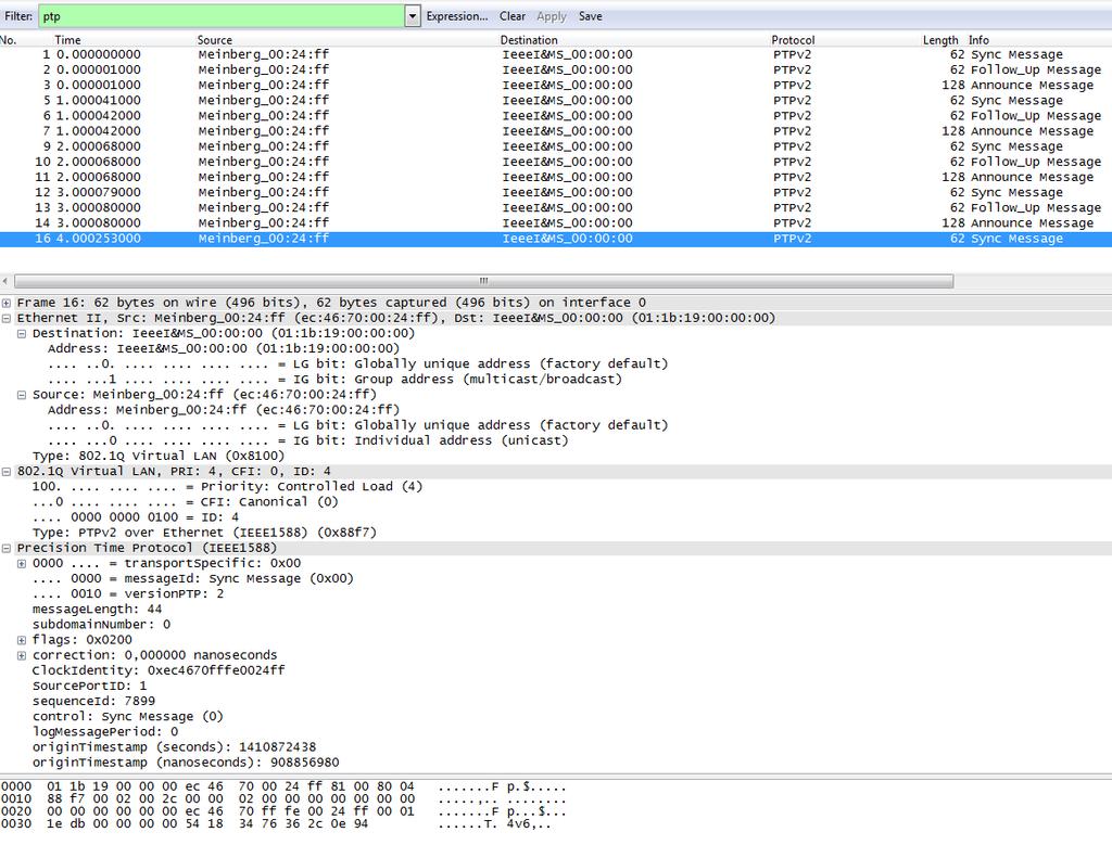 Figure 17: Wireshark trace 1.4 Summary IEEE1588 is standardized and contains the precision time protocol (PTP).