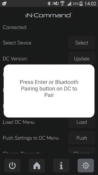 5. Remote device will show pairing message. The SP will flash a blue light. The DC will flash " Accept new device on display" Press "ENTER" or "BLUETOOTH PAIRING" button to Pair. 6.