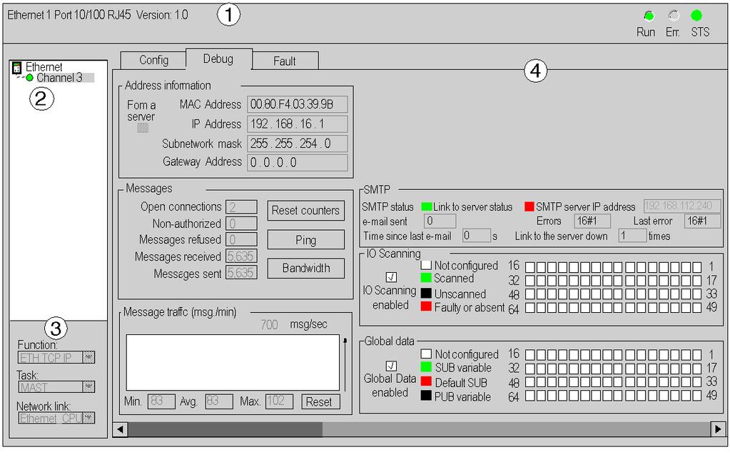 Debugging with Control Expert CPU screen: This table describes the zones in the configuration screen: Zone Function 1: Module module description zone (For details refer to LED Indicators (see page