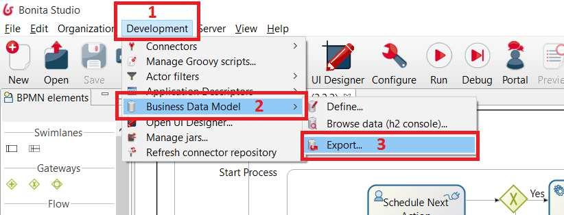 3. Export the Business Data Model (BDM) from Bonita Studio, go to Development -> Business Data Model ->