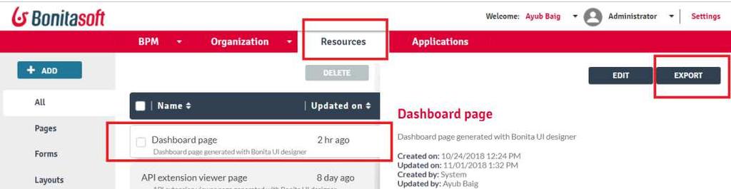 d. (1) click on Resources (2) select the Dashboard page (3) click on Export icon to export on common place 5.