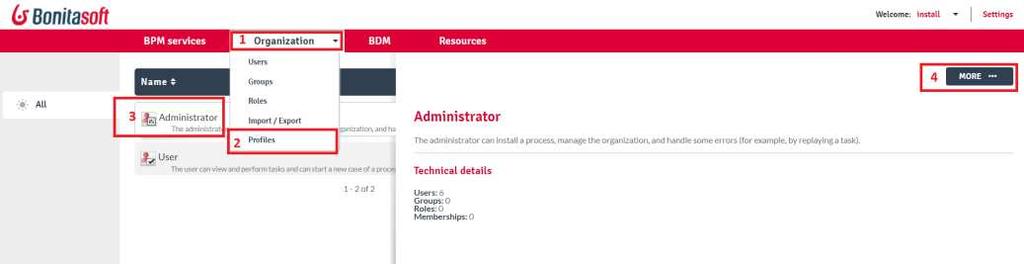 Administrator profile is needed to install and manage processes in the portal and also, the tasks, resources,