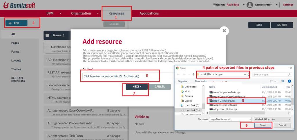 16. In Administrator mode, follow the steps mentioned in picture to import the resource page Comment [MA6]: From where?