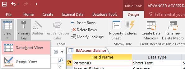Add data to table AccountBalance in datasheet view to save time.