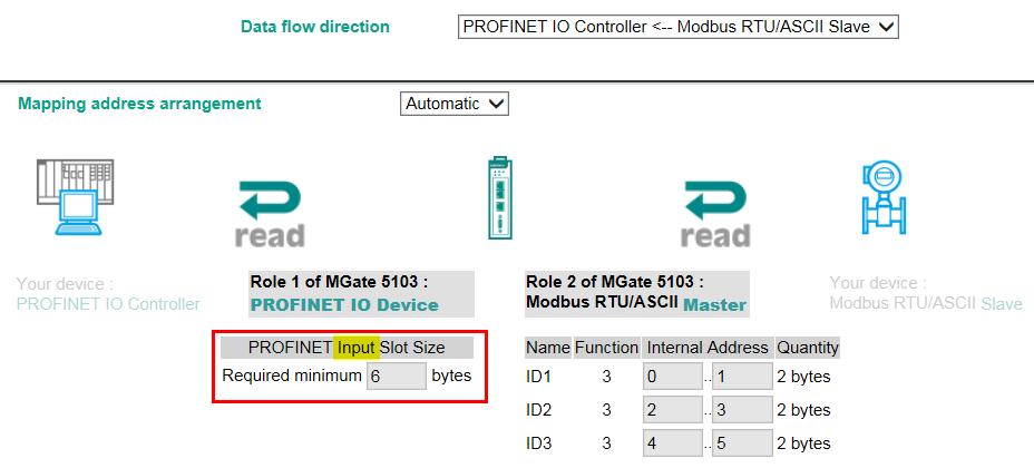 C. Configure PROFINET Setting Only the Device Name needs to be set. Set it as mgate-dev. D. I/O Data Mapping Allow the MGate to automap the data on both sides of the MGate s IO Internal Memory.