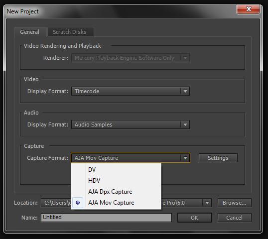 14 Beginning a Project with Adobe Presets Opening Adobe Premiere Pro CS6, you will select New Project from the Quick Start Screen and choose an AJA Capture Format from the pulldown menu, name the