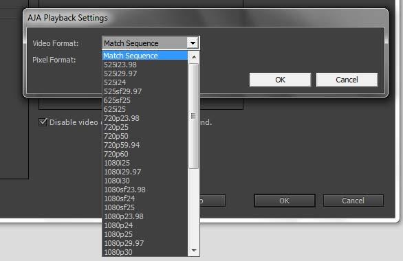 22 Video Device For Video Device, select the AJA KONA/Io device you are using and click Setup. The default setting (expected to be what most users will want and use) is Match Sequence.
