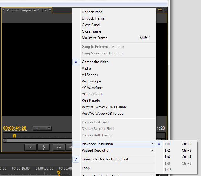 Using Adobe CS6 Applications Premiere Pro Playback Options 23 Playback Resolution For best output resolution from KONA, use Full as your Playback Resolution setting.