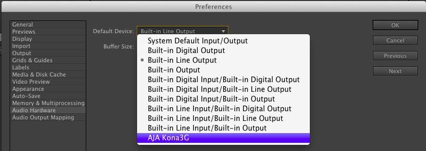 . AJA After Effects Mac Preview Aspect Ratio Audio Hardware Selection In the After Effects