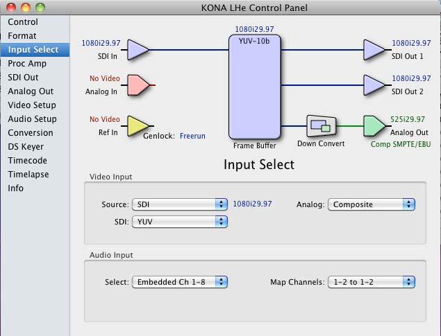 KONA LHe Installation and Operation Manual Using The KONA LHe 37 Input Select Tab Screen Select an Input 1 KONA LHe Control Panel, Input Select Tab On the Inputs screen you can view the currently