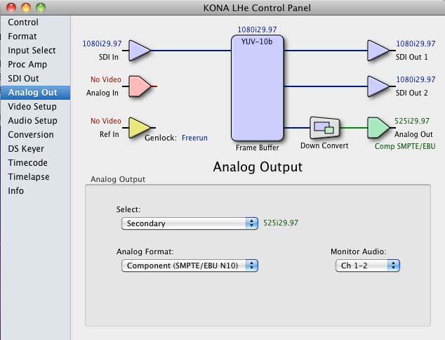 40 Analog Out Screen KONA LHe provides a high-quality analog component or composite output, generally used for monitoring.