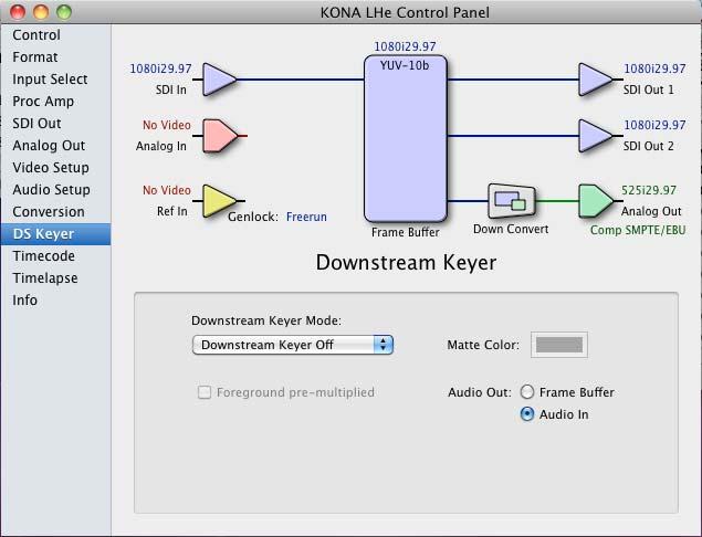 KONA LHe Installation and Operation Manual Using The KONA LHe 45 DS Keyer Screen The KONA LHe has a hardware-based downstream keyer that is ideal for putting logos, bugs or other video material with