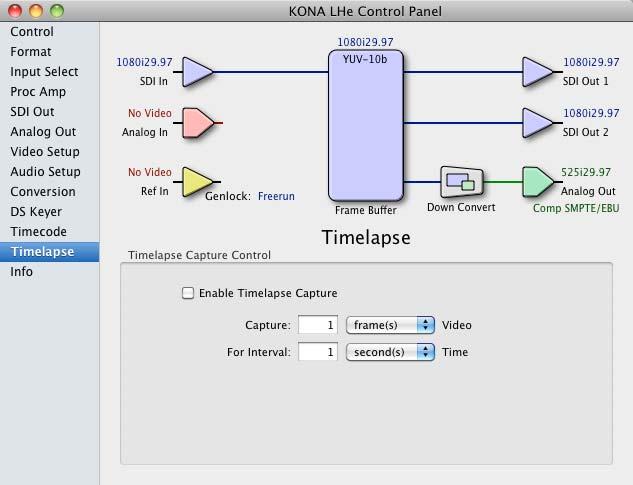 KONA LHe Installation and Operation Manual Using The KONA LHe 47 Output Timecode Offset (entry field and FPS pull-down) this text entry field allows you to specify a timecode offset for use with