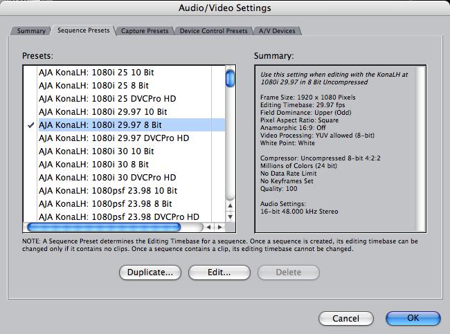KONA LHe Installation and Operation Manual Easy Setups for Typical 57 The Sequence Presets Window 1 Audio/Video Settings, Sequence Presets Window This window allows you to select an editing timebase