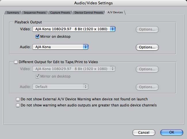 62 The A/V Devices Window Audio/Video Settings, A/V Devices Window The A/V Devices window selects the current playback device for both audio and video.