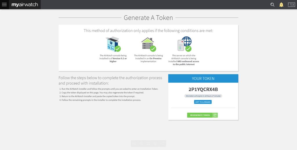 7 Enter your token in the Installation Token field on the Run the Workspace ONE UEM Installer on