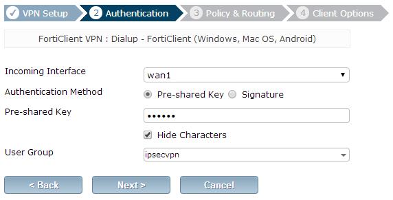 5. Enter a pre-shared key* and select the new user group, then click Next. 6.